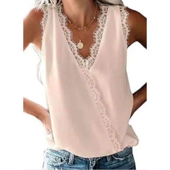 ROSKIKI Women's Solid Sleeveless top Wrap V Neck Lace Trim Cami spring summer - Picture 1 of 8